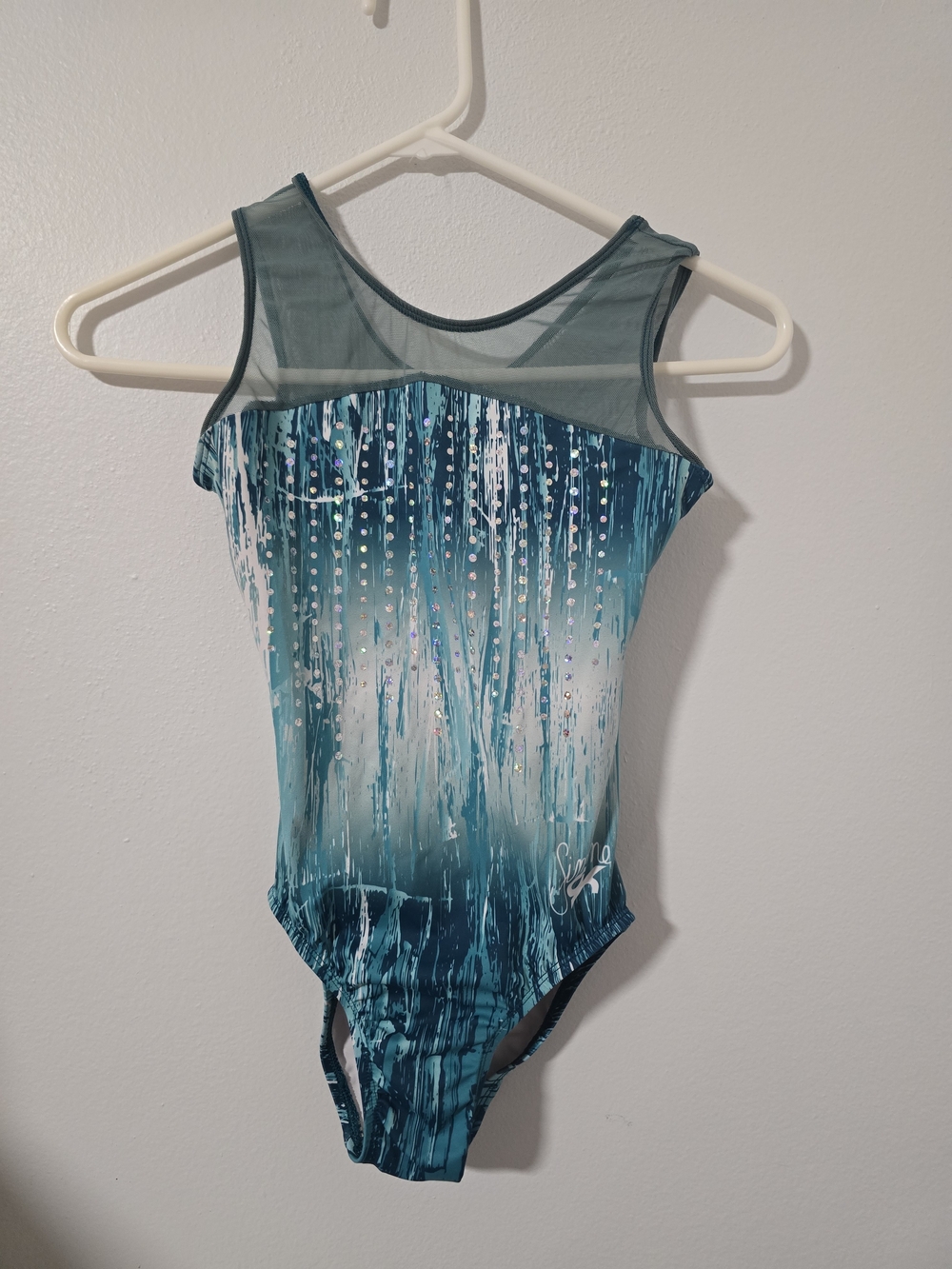 GK Simone Gymnastics Leotard Blue Turquoise Spangles Sheer Mesh Child Large